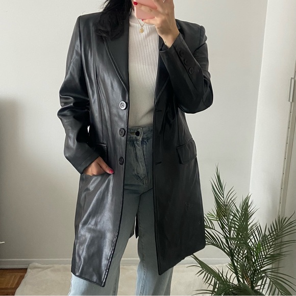 Vintage Jackets & Blazers - VINTAGE Faux Leather Long Coat -Size L